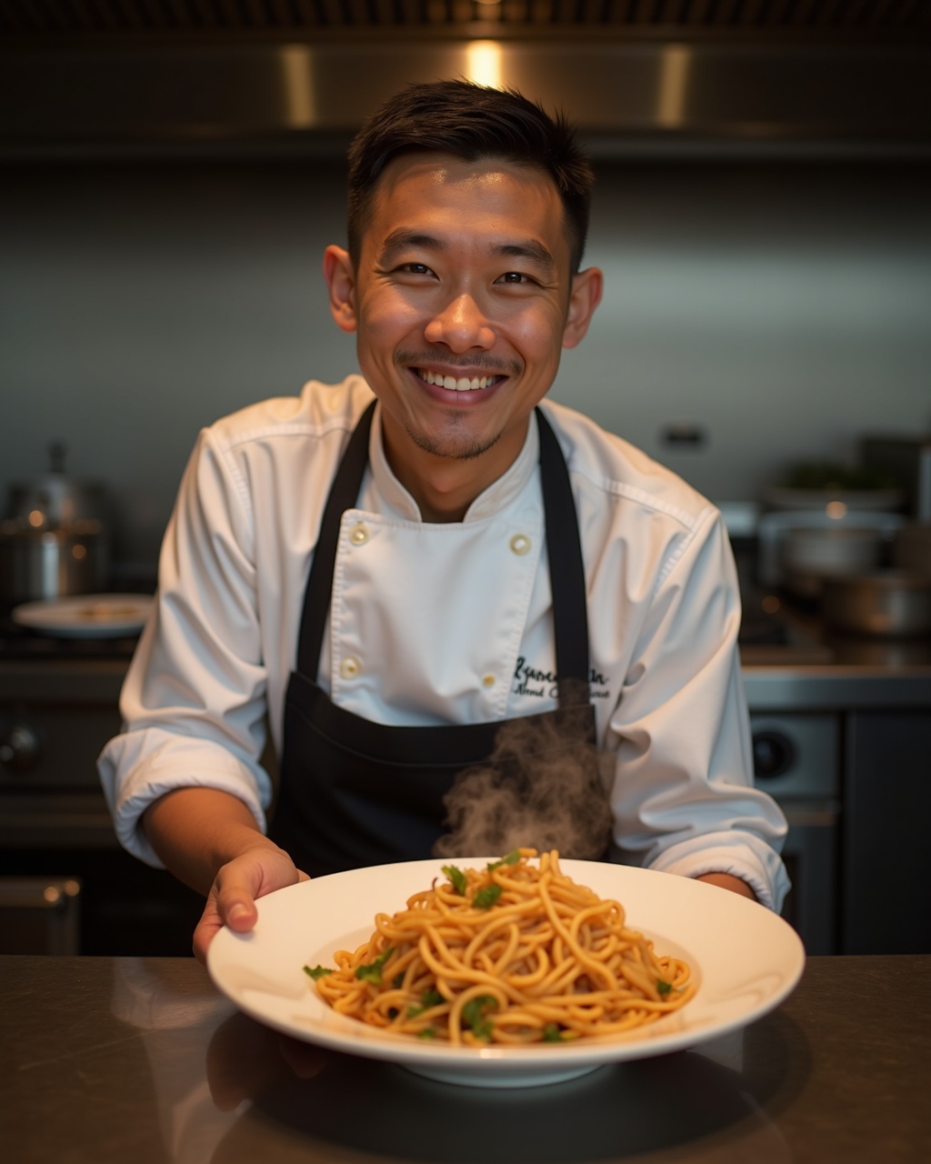 Chef plating a steaming noodle dish in a restaurant kitchen