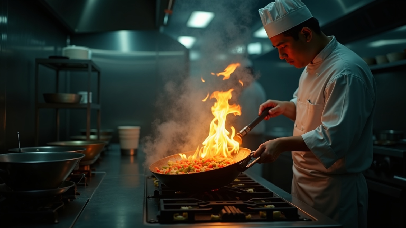 Chef tossing vegetables in a flaming wok
