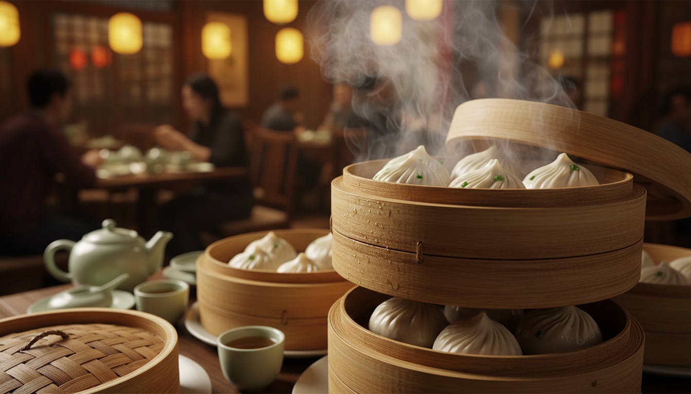 Bamboo steamer baskets of hot dumplings with jade teaware in a warm restaurant